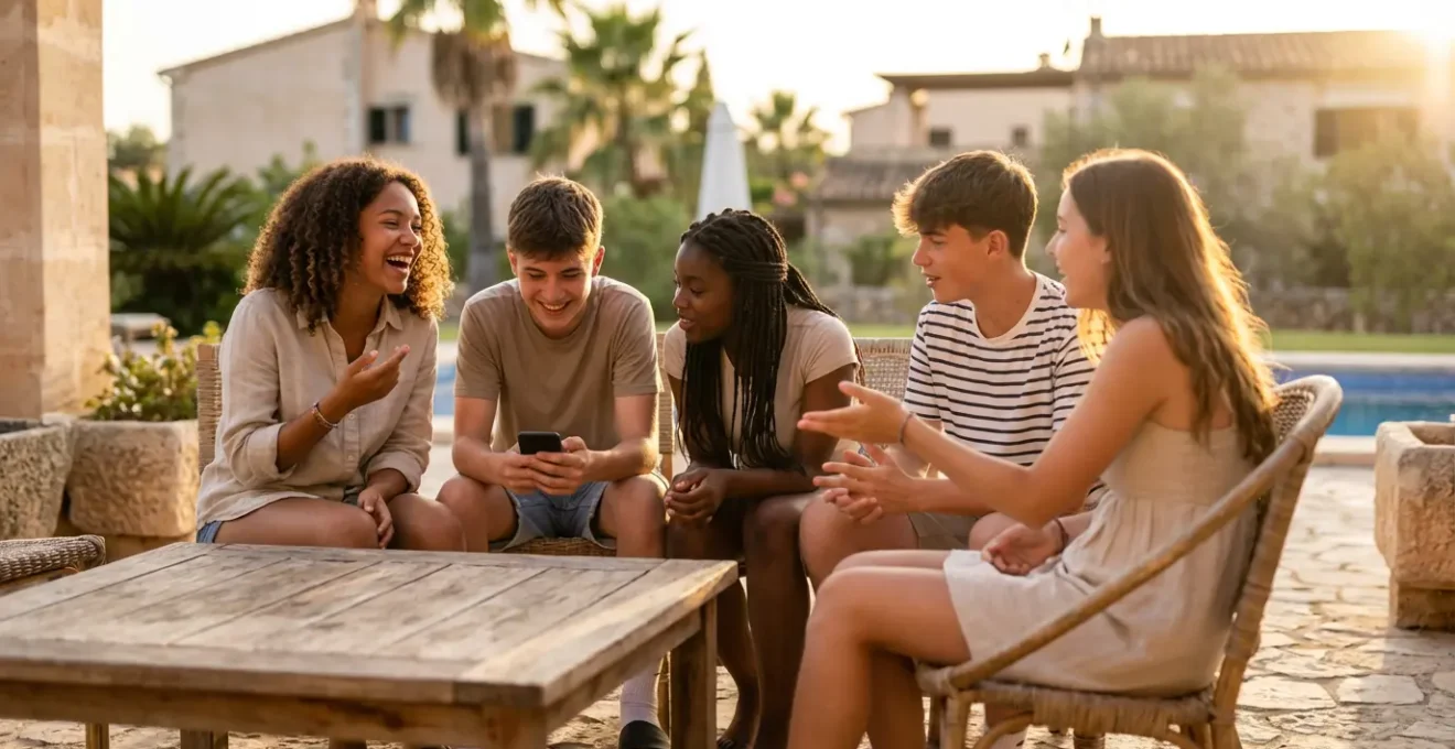 Groupe d'adolescents discutant sur une terrasse de résidence de vacances avec vue mer