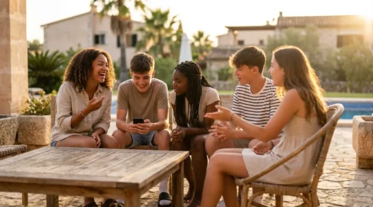Groupe d'adolescents discutant sur une terrasse de résidence de vacances avec vue mer