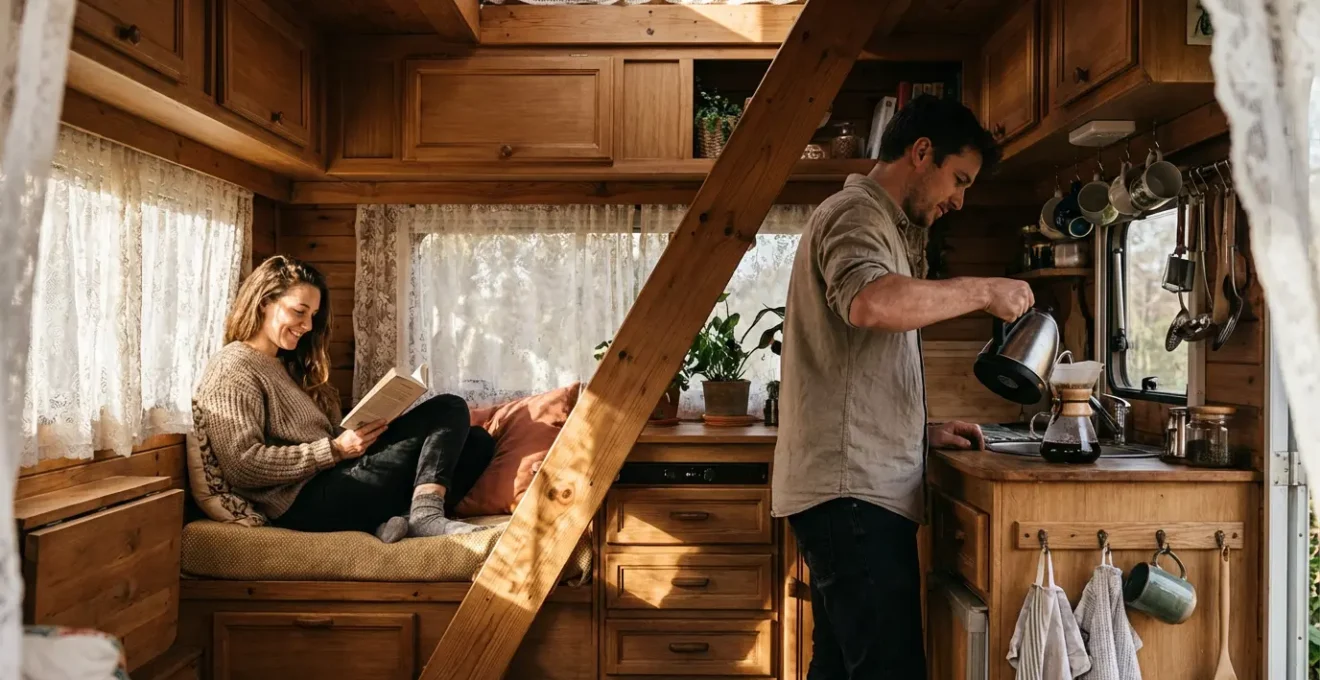Intérieur d'une roulotte aménagée pour deux personnes avec zones distinctes