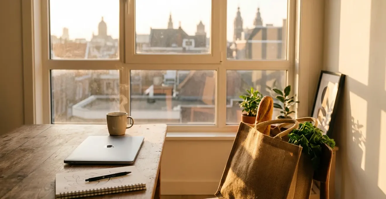 Espace de travail lumineux dans un appartement urbain avec vue sur les toits de la ville