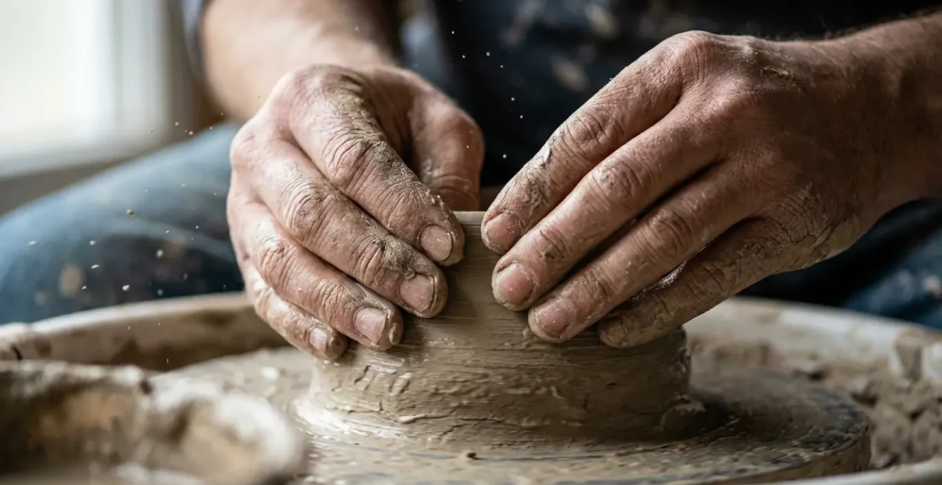 Mains d'artisan potier travaillant l'argile sur un tour dans un atelier traditionnel