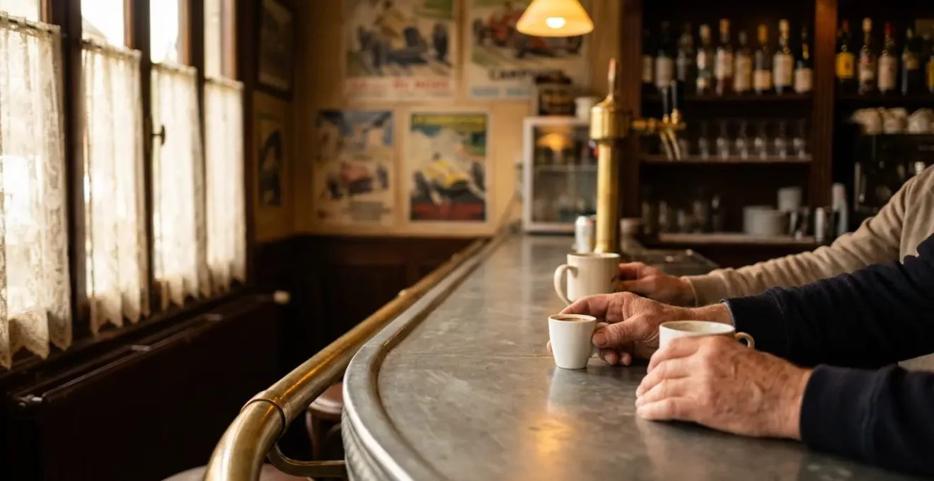 Intérieur chaleureux d'un bar PMU français avec des habitués au comptoir