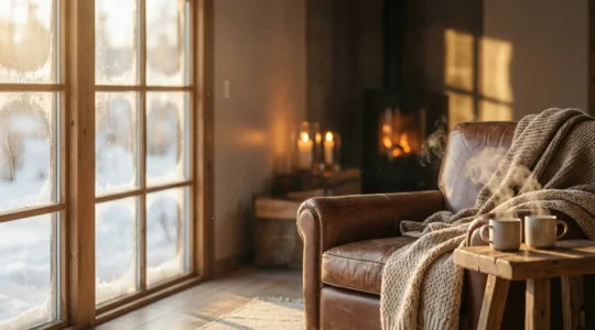 Intérieur chaleureux avec lumière douce de bougies et textures moelleuses évoquant le hygge