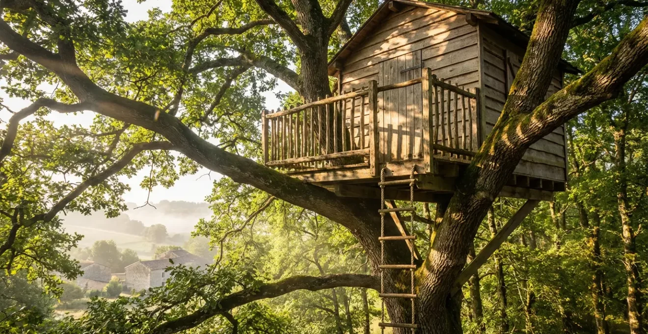Cabane perchée dans un chêne centenaire avec terrasse et passerelle suspendue