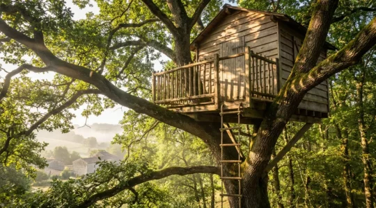 Cabane perchée dans un chêne centenaire avec terrasse et passerelle suspendue