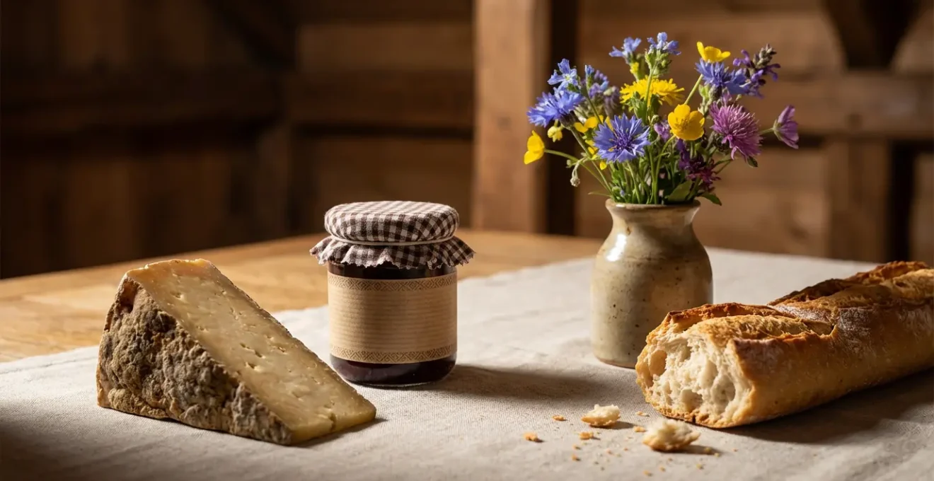 Nature morte élégante montrant des spécialités régionales françaises arrangées sur une table rustique