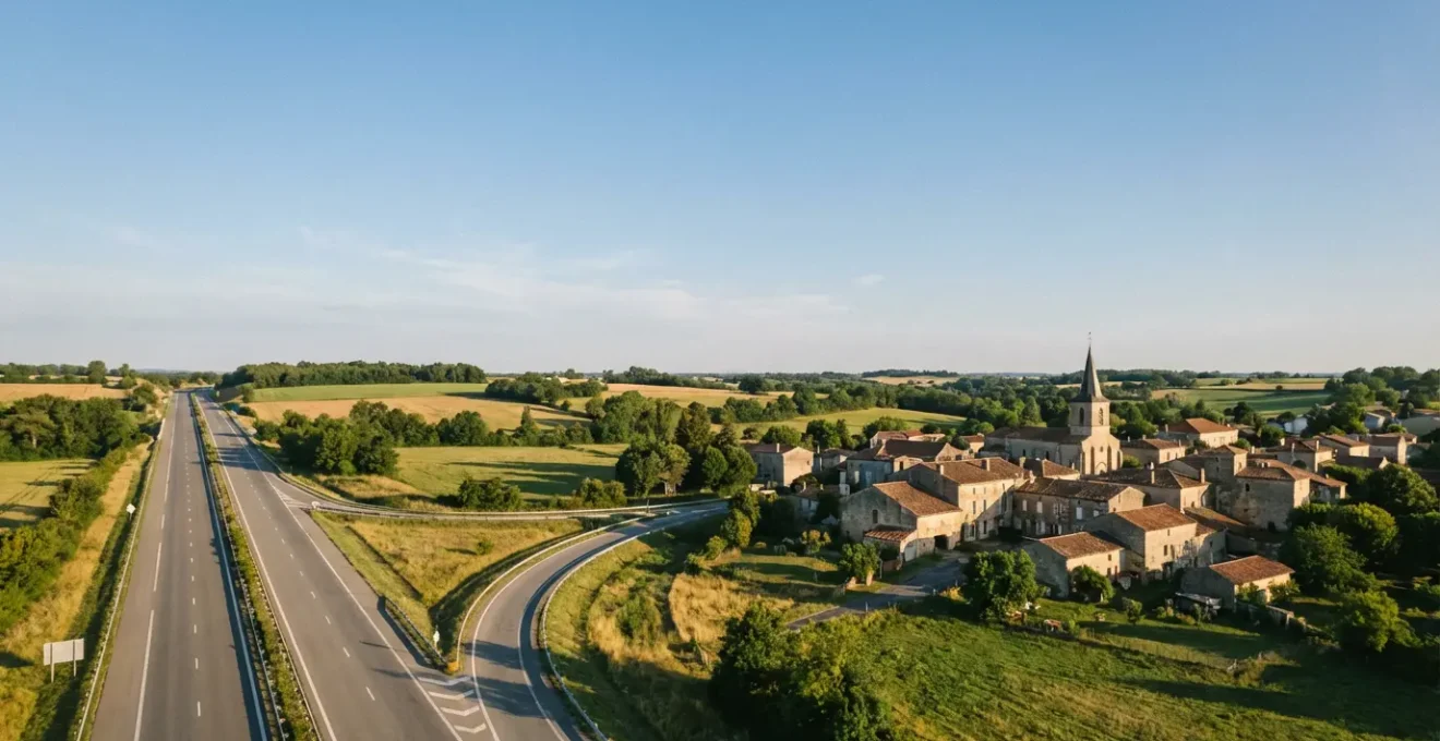 Vue aérienne d'une sortie d'autoroute menant vers un village français pittoresque
