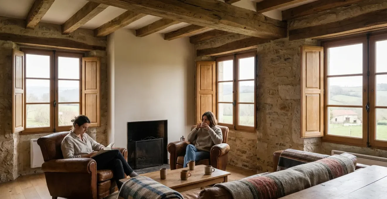 Salon chaleureux d'une chambre d'hôtes française avec des voyageurs partageant un moment convivial
