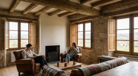 Salon chaleureux d'une chambre d'hôtes française avec des voyageurs partageant un moment convivial