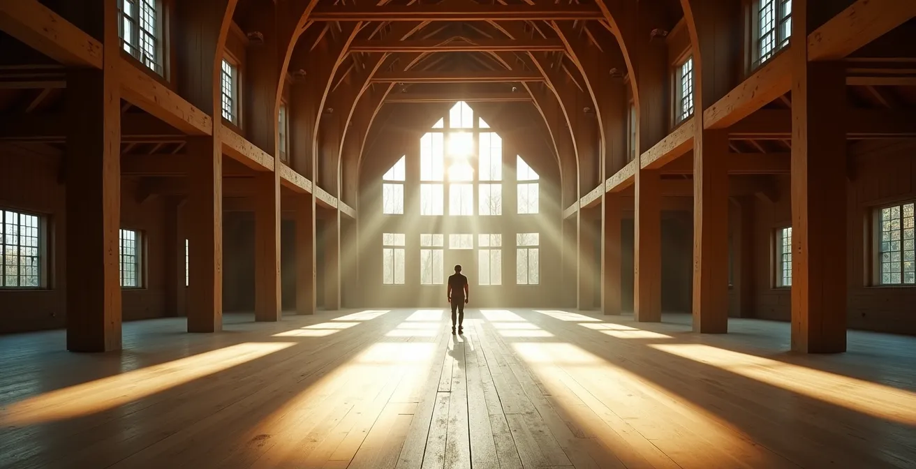 Charpente monumentale d'une ancienne grange rénovée avec jeu de lumière naturelle