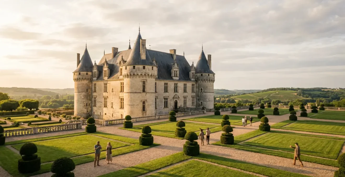 Vue panoramique d'un château Renaissance de la Loire avec visiteurs explorant jardins et architecture