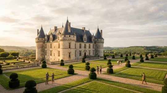 Vue panoramique d'un château Renaissance de la Loire avec visiteurs explorant jardins et architecture