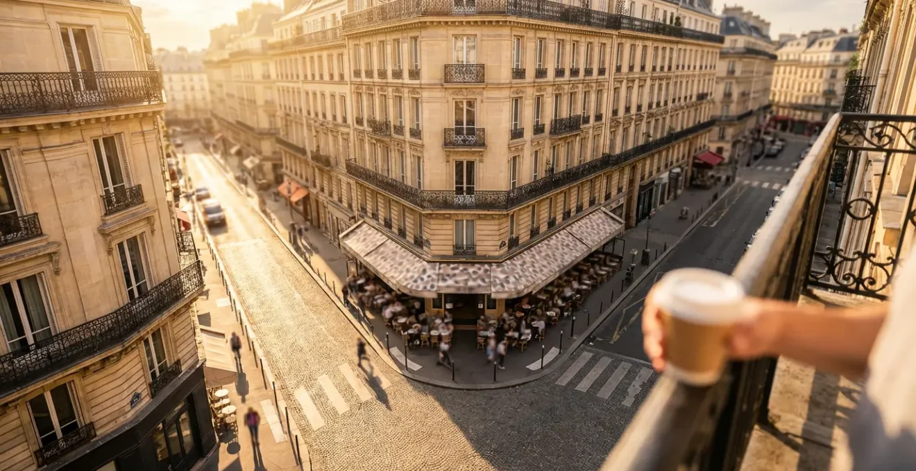 Vue plongeante sur une terrasse de café animée en cœur de ville avec une perspective architecturale urbaine française