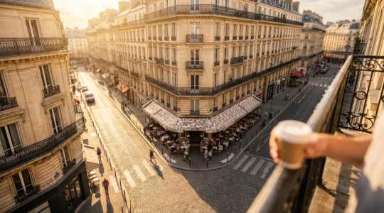 Vue plongeante sur une terrasse de café animée en cœur de ville avec une perspective architecturale urbaine française