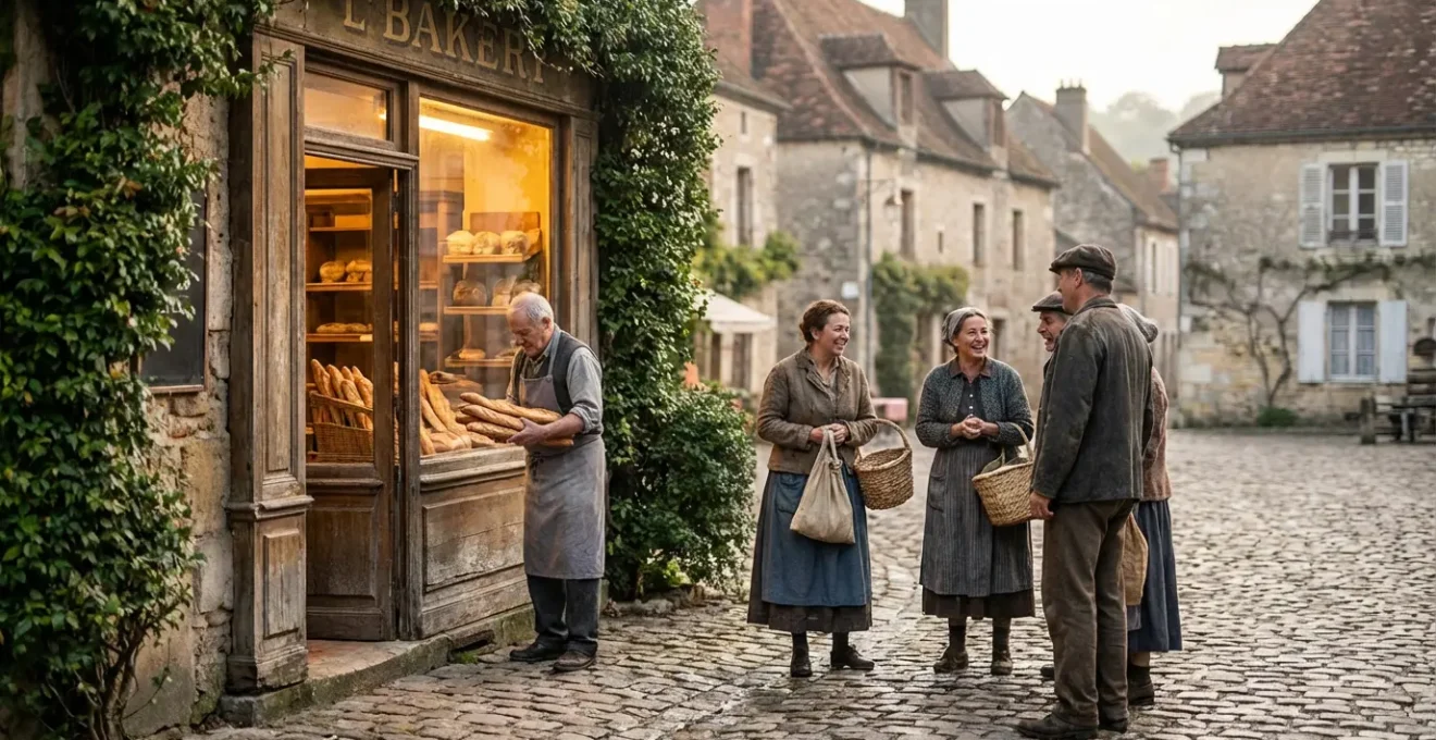 Boulangerie traditionnelle française dans une rue de village avec habitants locaux