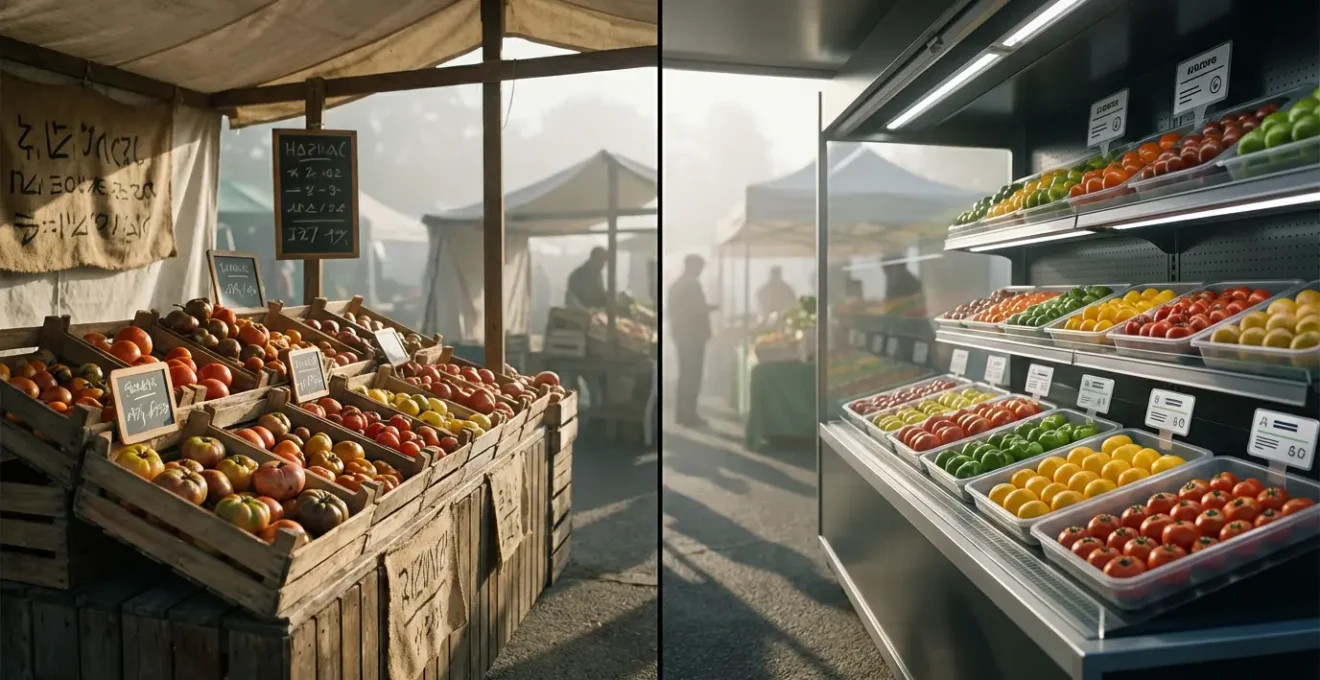 Deux étals de marché côte à côte montrant la différence entre un producteur local et un revendeur