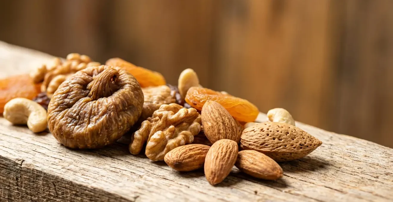 Gros plan sur amandes et figues séchées disposées naturellement sur une surface en bois