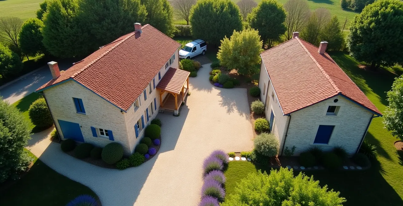 Vue aérienne montrant une propriété avec maison principale et dépendance aménagée en chambre d'hôtes