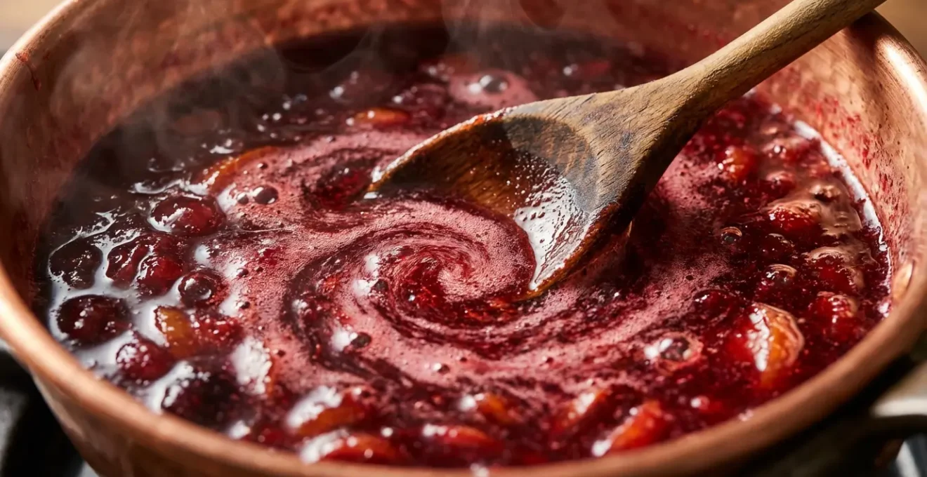 Détail macro de confiture artisanale en cours de cuisson dans un chaudron de cuivre