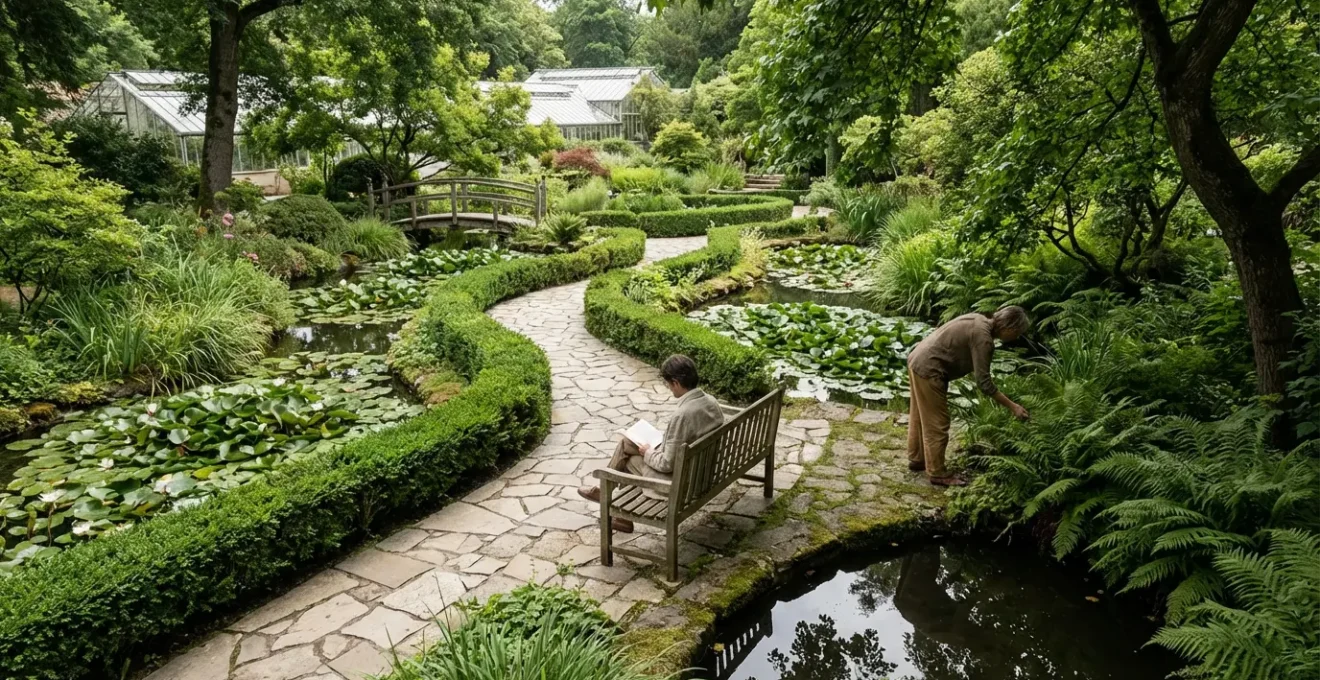 Vue sereine d'un couple profitant ensemble d'une activité calme dans un jardin botanique français