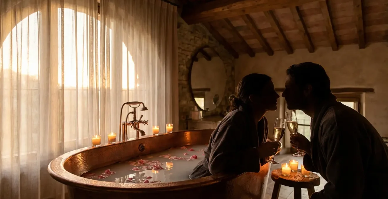 Couple dans une baignoire spa luxueuse avec pétales de roses et ambiance romantique aux chandelles