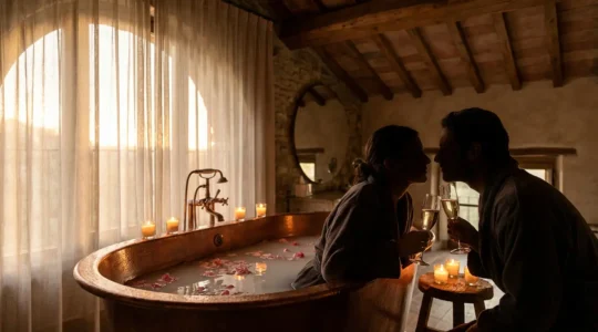 Couple dans une baignoire spa luxueuse avec pétales de roses et ambiance romantique aux chandelles