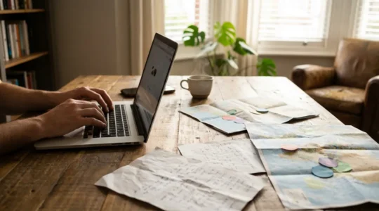 Recherche de location vacances idéale sur ordinateur portable avec cartes et documents