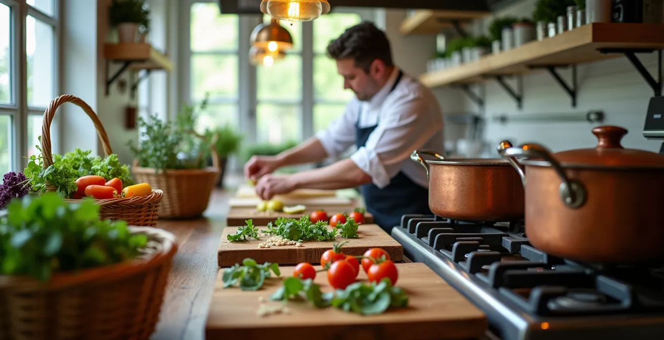 Chef cuisinant avec des produits frais du marché dans une cuisine ouverte de restaurant