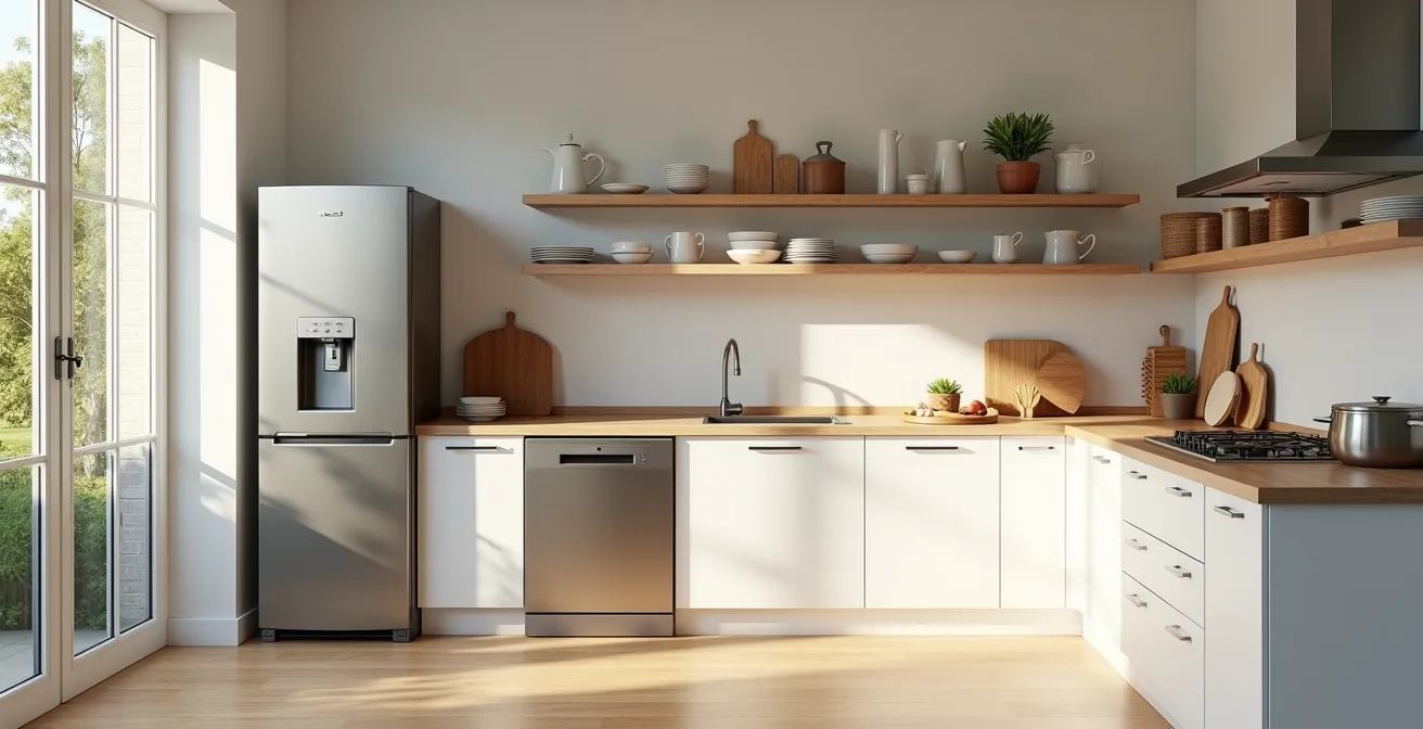 Cuisine entièrement équipée dans un gîte familial avec vue sur le jardin