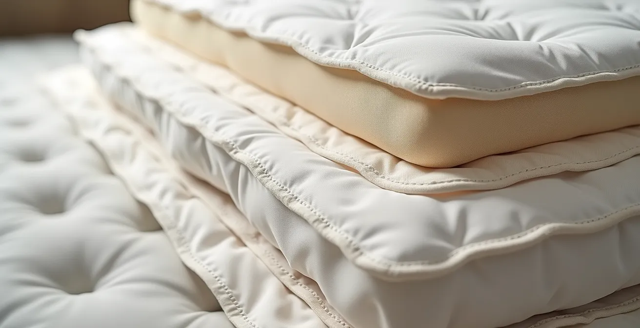 Gros plan sur un matelas épais avec sur-matelas et literie de qualité
