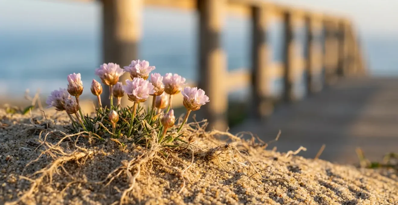 Vue aérienne d'une dune côtière avec végétation fragile et sentier balisé en bois serpentant à travers