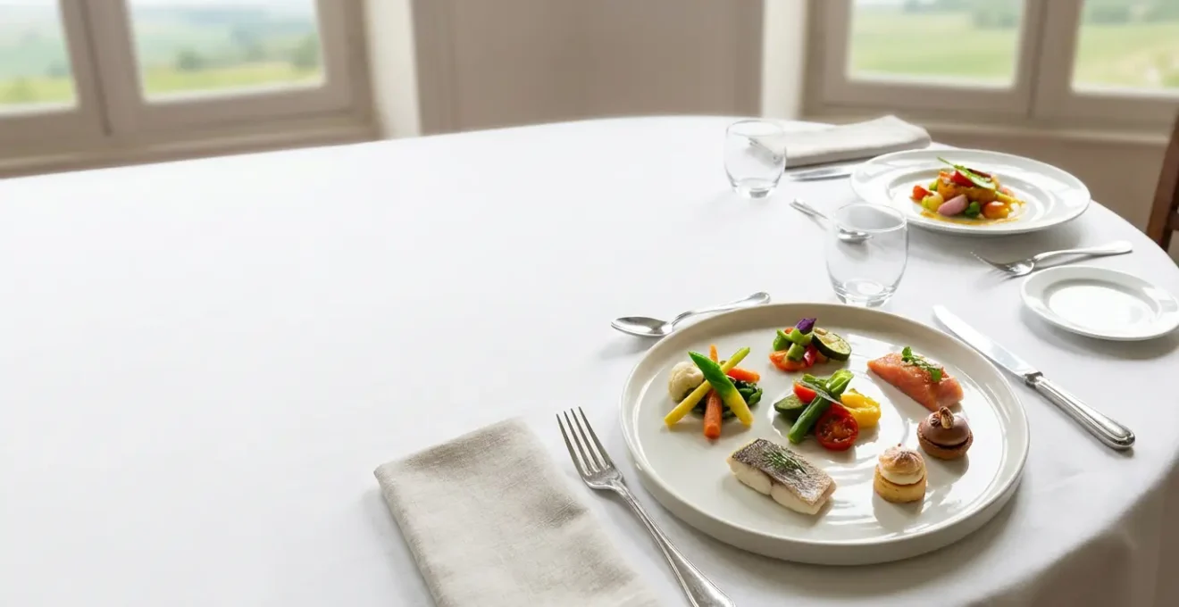 Table de restaurant français avec plats gastronomiques équilibrés et légumes colorés dans une ambiance conviviale