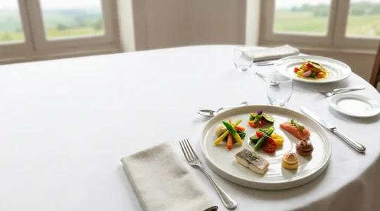 Table de restaurant français avec plats gastronomiques équilibrés et légumes colorés dans une ambiance conviviale