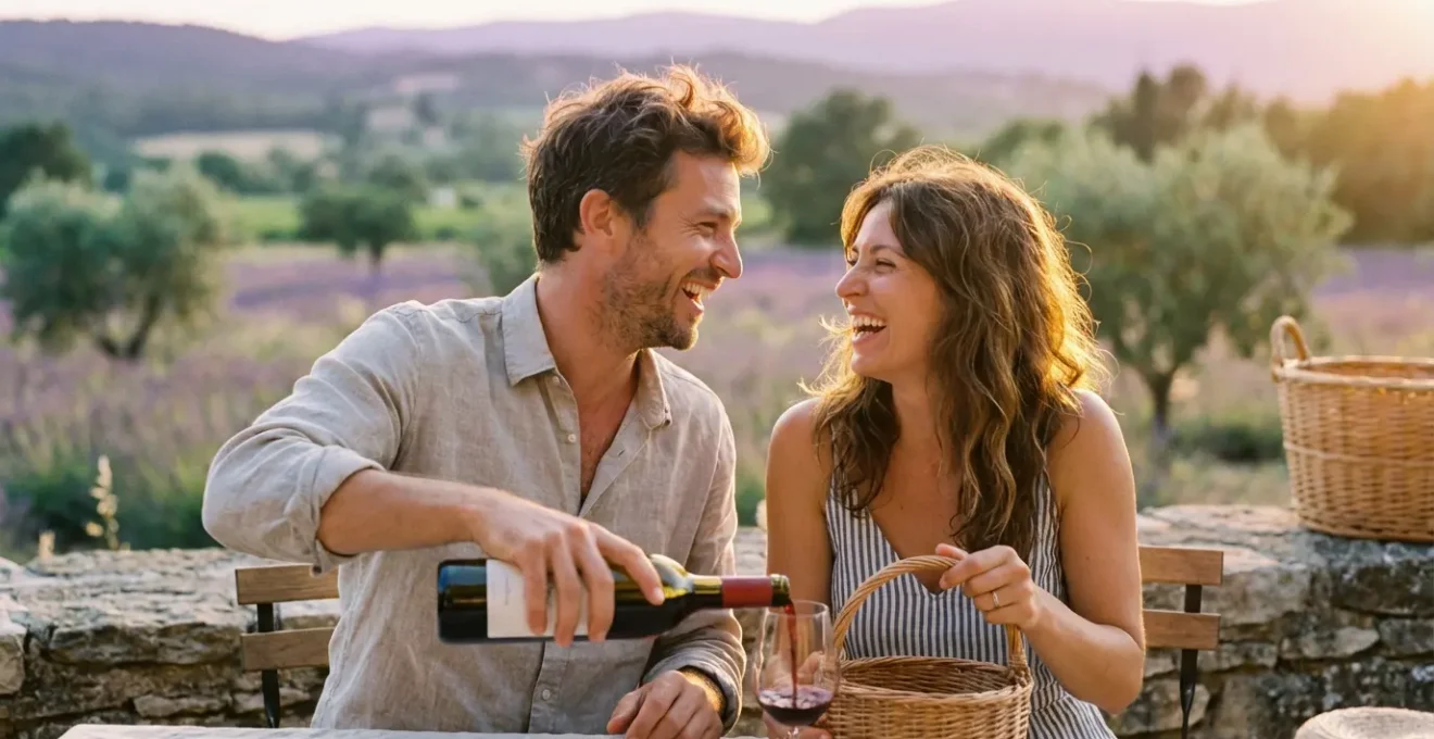 Couple en moment d'intimité dans un cadre naturel français, partageant un instant authentique sans technologie