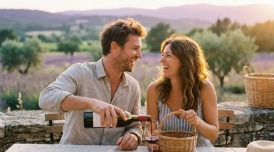 Couple en moment d'intimité dans un cadre naturel français, partageant un instant authentique sans technologie