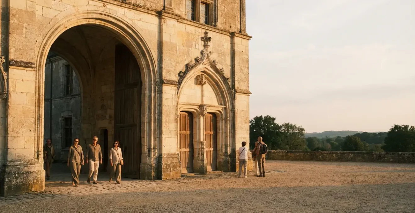 Visiteurs admirant un monument patrimonial français sans attendre, dans une atmosphère sereine