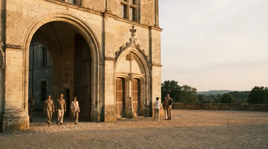 Visiteurs admirant un monument patrimonial français sans attendre, dans une atmosphère sereine