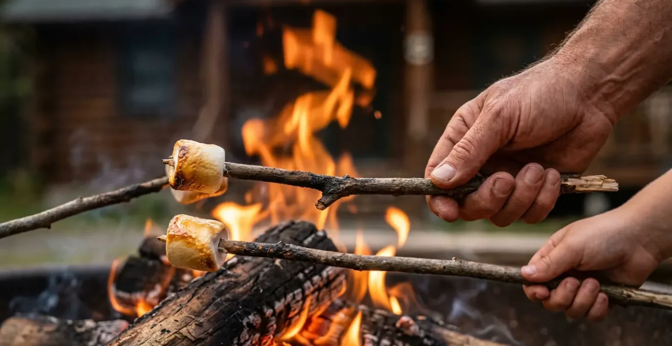 Famille chaleureusement réunie autour d'un feu de camp devant une cabane en bois au crépuscule