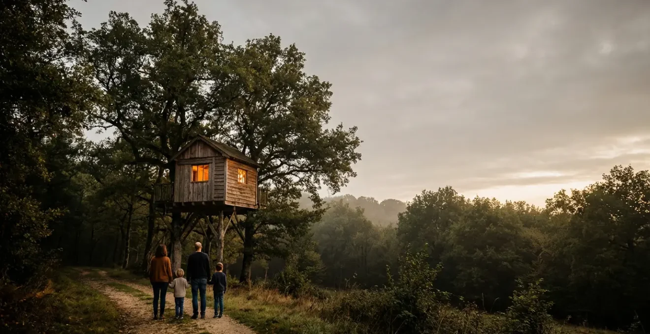 Famille observant une cabane dans les arbres au milieu d'une forêt française verdoyante