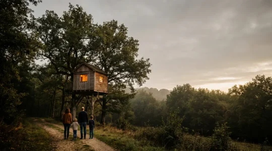 Famille observant une cabane dans les arbres au milieu d'une forêt française verdoyante