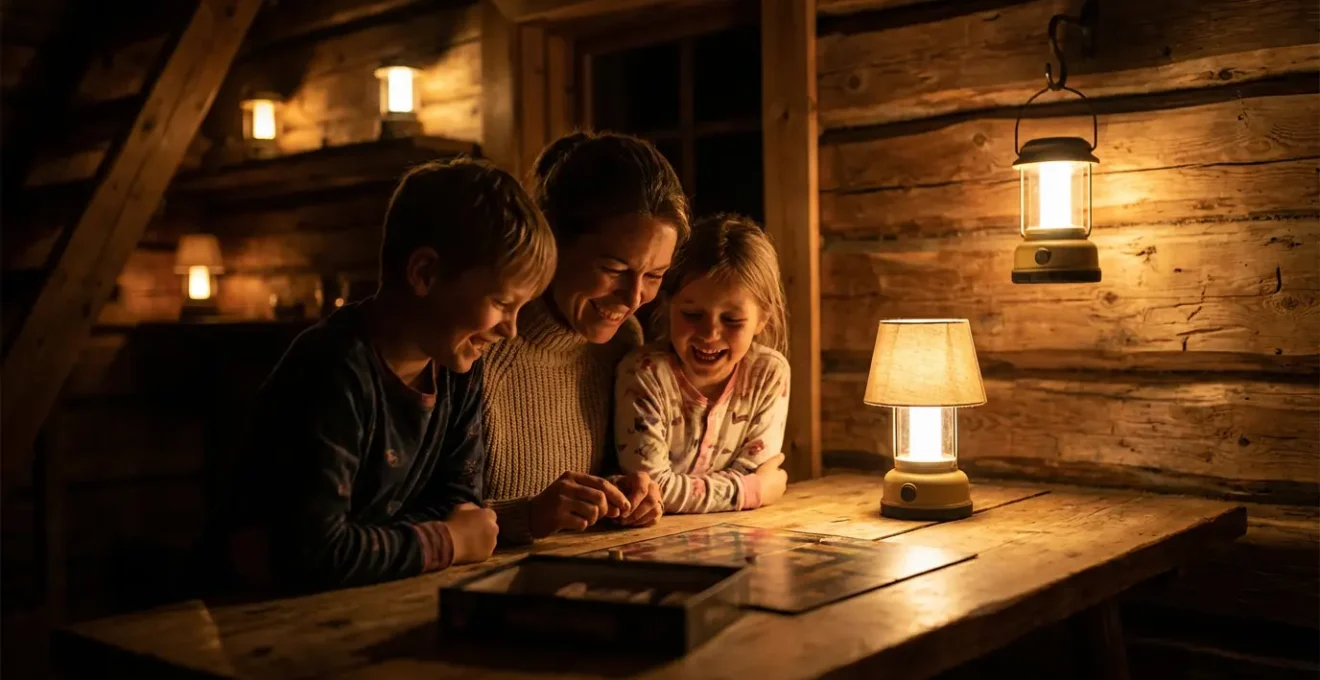 Famille utilisant des lanternes LED dans une cabane en bois la nuit
