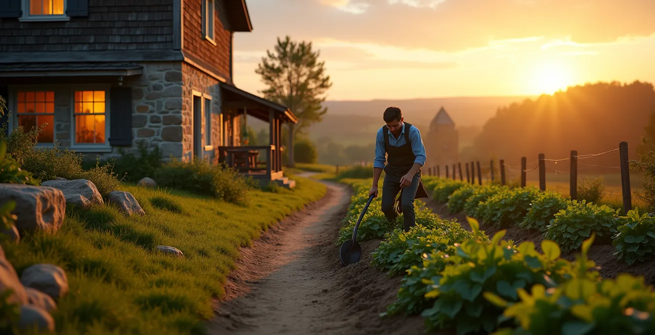 Vue panoramique d'une ferme rénovée au milieu des champs avec sentier menant au village