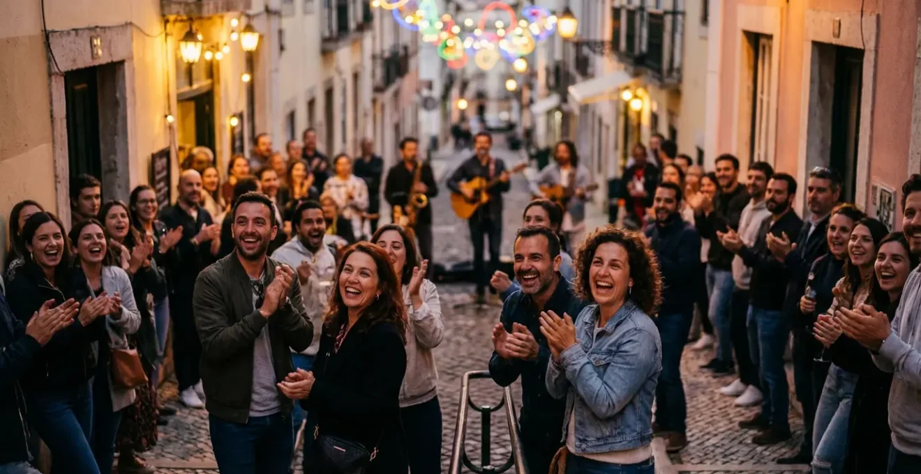 Vue large d'une rue transformée en scène de festival avec foule et ambiance festive