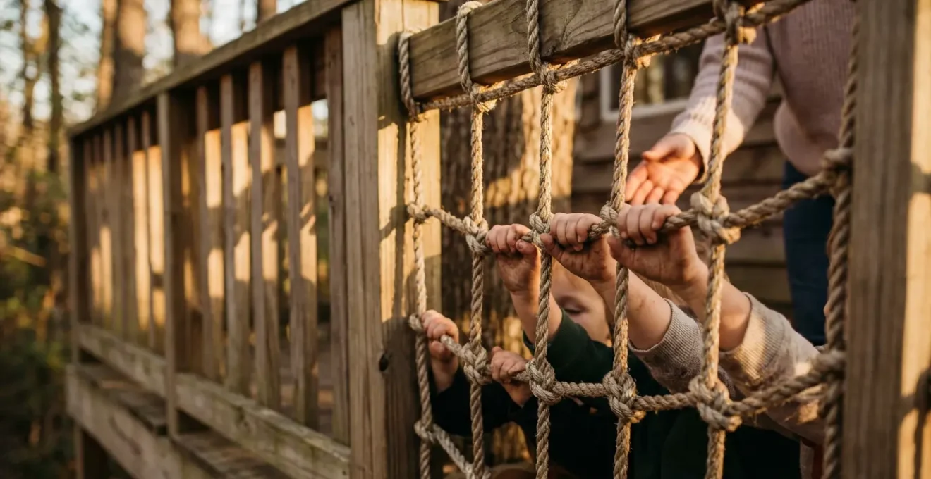 Filet de protection tendu autour d'une terrasse de cabane avec enfants jouant