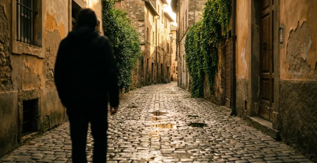 Une ruelle pavée sinueuse baignée de lumière dorée avec des passants flous en arrière-plan