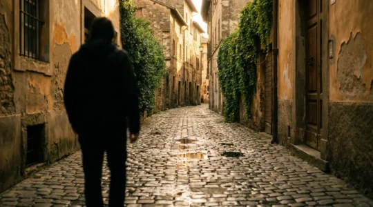 Une ruelle pavée sinueuse baignée de lumière dorée avec des passants flous en arrière-plan