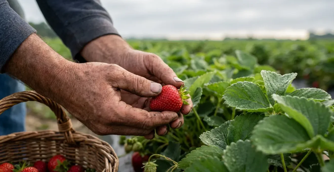 Fraises de Plougastel cultivées en pleine terre lors de la récolte de saison