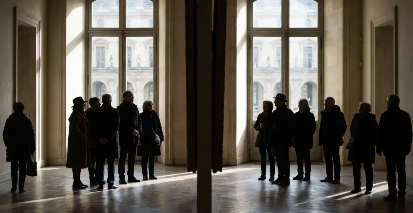 Visiteurs contemplant une œuvre dans un musée français avec architecture classique