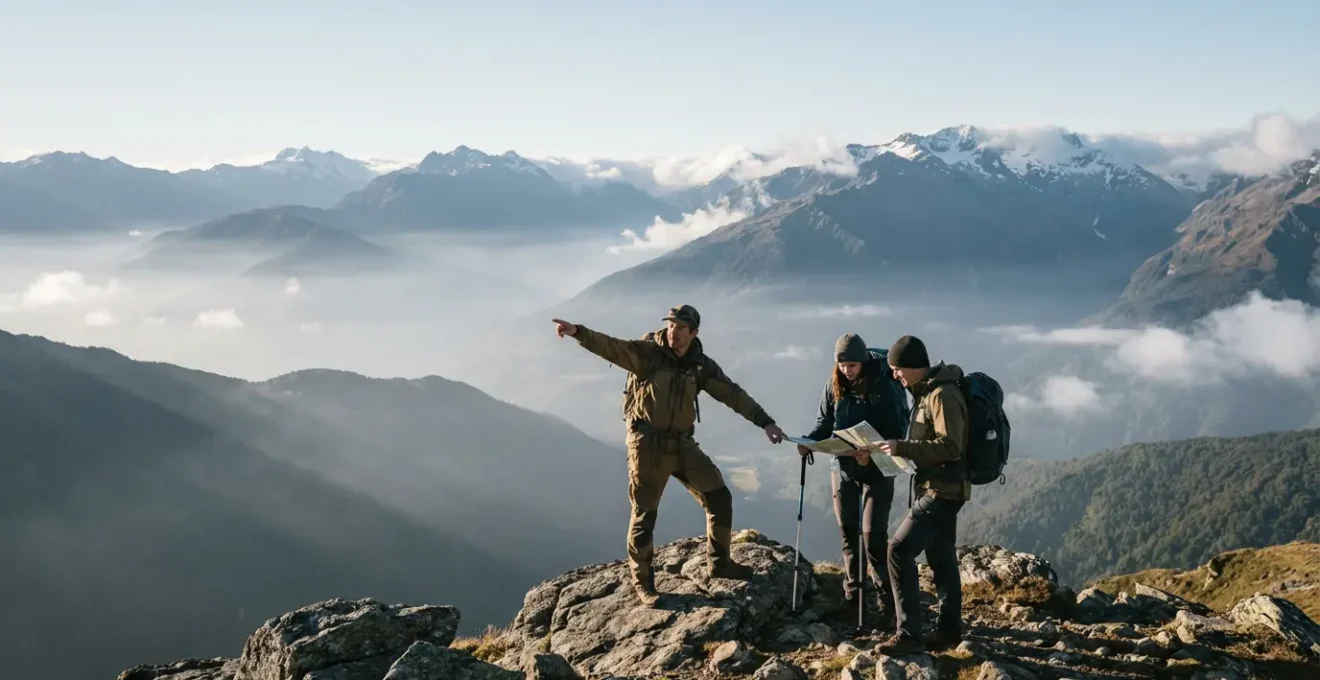 Guide de randonnée local consultant une carte avec des randonneurs en montagne