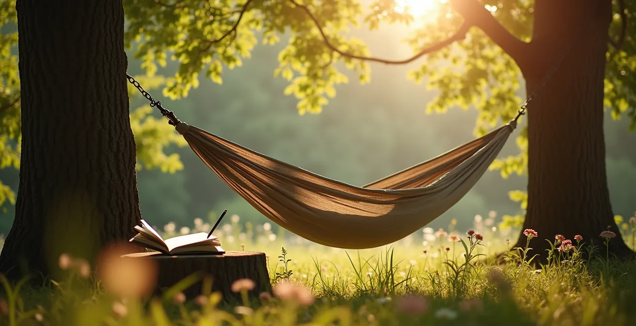 Hamac suspendu entre deux arbres dans une forêt paisible avec jeu de lumière naturelle